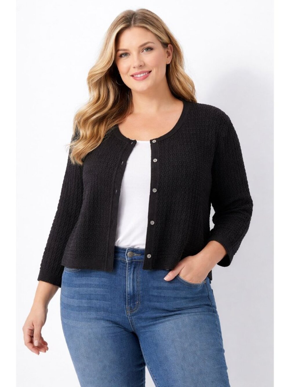 Appleseed's Black Crochet Knit Button Down Cropped Cardigan Size 3X Boho Chic